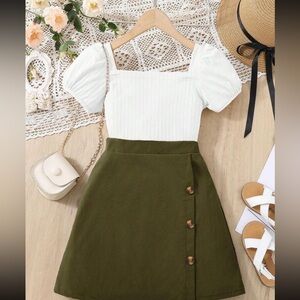 SHEIN Tween Girl Square Neck Puff Sleeve Tee & Button Detail Skirt 8Y
